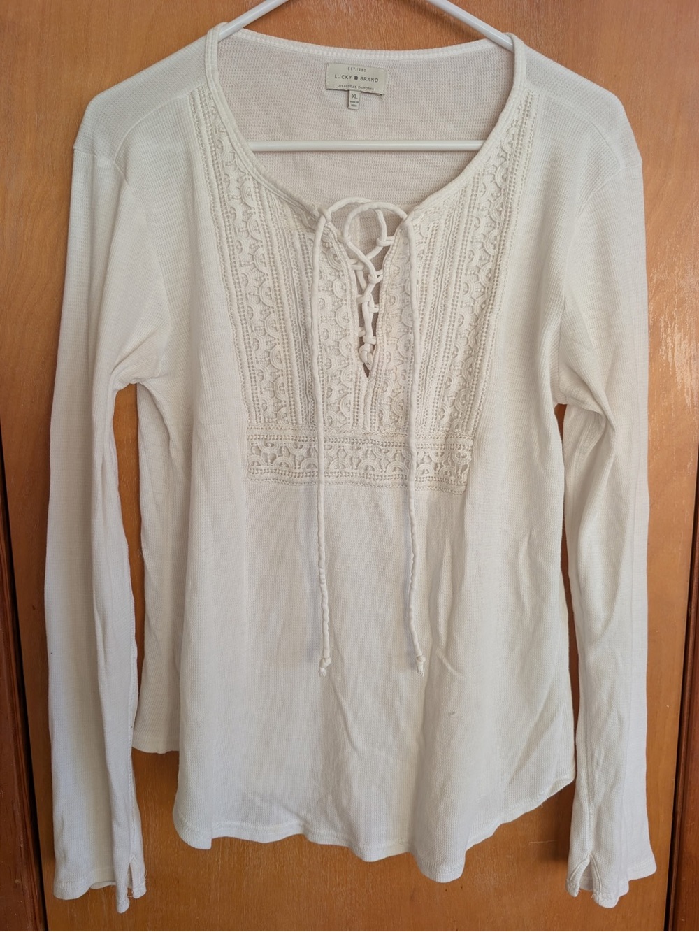 Lucky Brand Cream Lace-Up Embroidered Long Sleeve Top